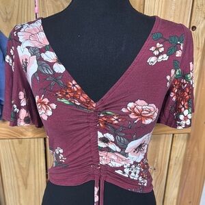 Red Ruched Tie Front Short Sleeve Blouse